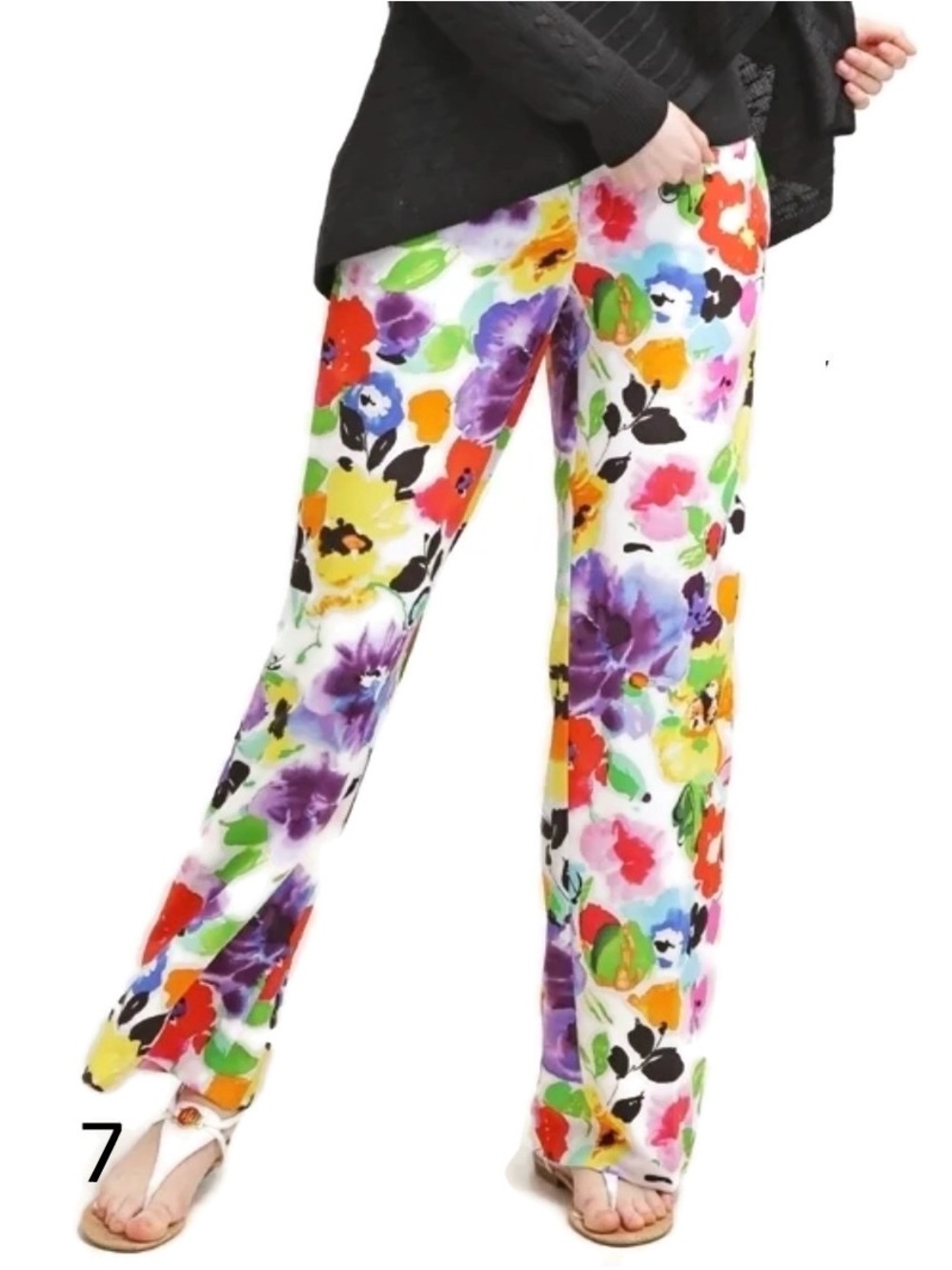 Ralph Lauren White Wide-Leg Floral Pants with Multi-Color Bloom